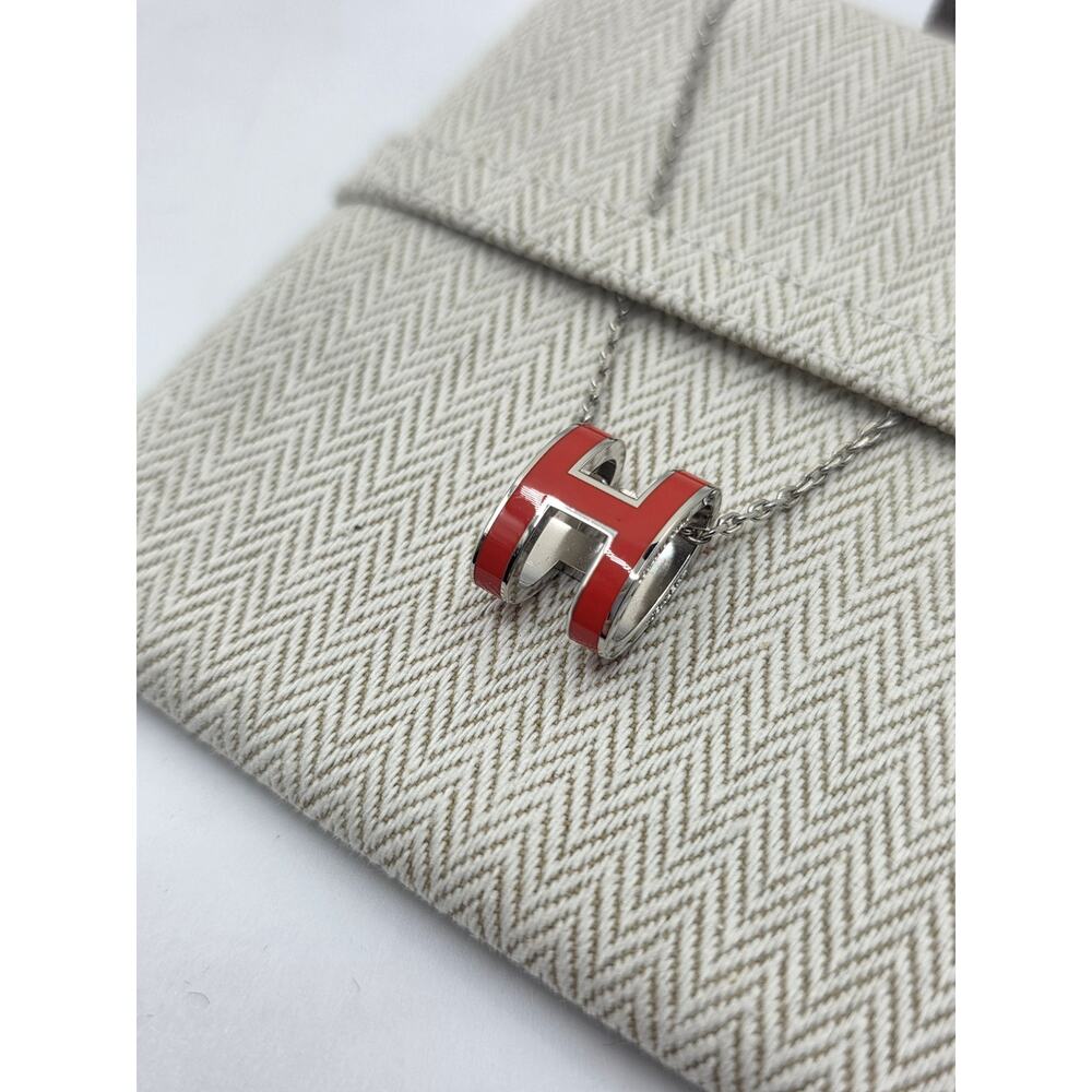 Hermes Red Enamel and Palladium Plated Pop H Pendant Necklace - Picture 14 of 14